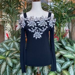 INC Cold-Shoulder Long Sleeve Stretch Top with White appliqué
